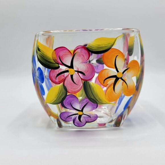 Hand-Painted Floral Clear Glass Planter Vase 5" Square Decorative Centerpiece - Picture 4 of 10